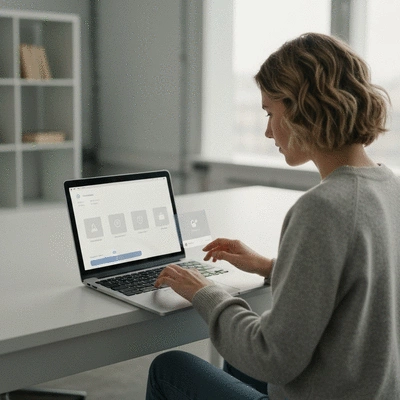 Person easily using AI tools on a laptop, clean image, no text, no words, no typography