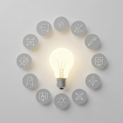 Various AI tools represented by modern icons and a lightbulb, symbolizing innovation