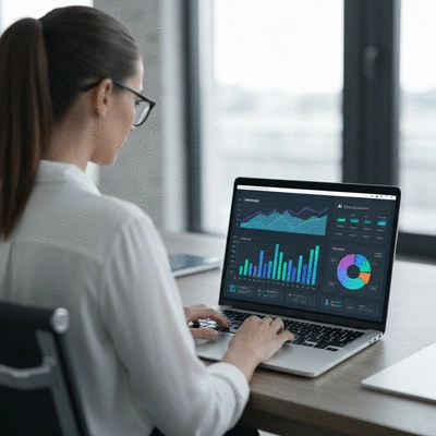 Person working on a laptop with AI-generated charts and graphs on screen, demonstrating income growth