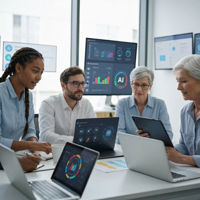 Diverse group of people collaborating on a project using various AI tools, showing teamwork and innovation