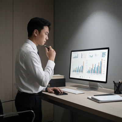 Person analyzing financial graphs and data on a screen, representing informed decision-making, clean image