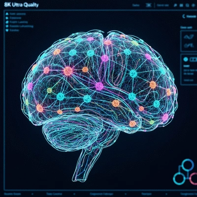 Close-up of a brain graphic with interconnected nodes, representing Natural Language Processing (NLP) and AI
