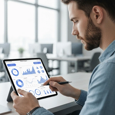 Person analyzing marketing data on a tablet with AI-driven insights displayed