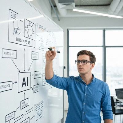 Person illustrating a business concept on a whiteboard with AI-related diagrams