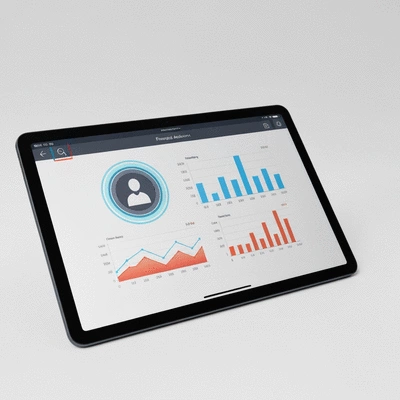 AI financial assistant on tablet showing graphs and savings, no text, no words, no typography, clean image