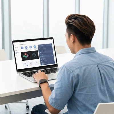 AI-powered content creation tools displayed on a laptop screen, with a person interacting with the interface, clean image