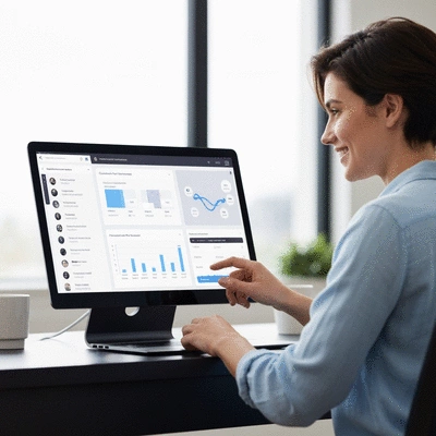 Person interacting with AI financial software on a desktop computer, no text, no words, no typography, clean image