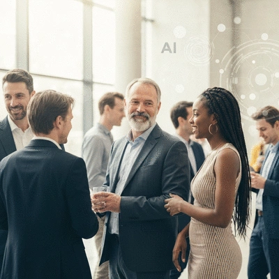 Diverse group of people networking at a tech event, with AI-themed graphics in the background