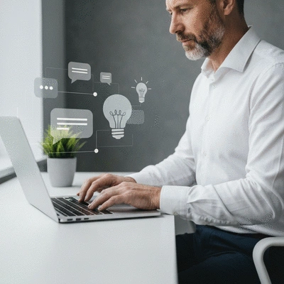 Person using an AI content creation tool on a laptop, surrounded by creative elements like text bubbles and lightbulb icons, clean image