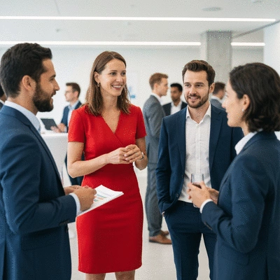People networking at a professional event, diverse group, modern setting