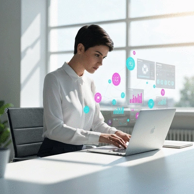 Person using AI tools on a laptop to manage an online business, with data visualizations and automation symbols floating around, bright and clean office environment, no text, no words, no typography, 8K