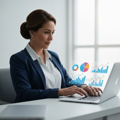 Person using AI tools on a laptop with charts and graphs on screen, representing income generation