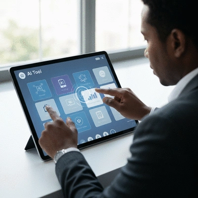Person evaluating different AI tool options on a digital interface, with pros and cons highlighted, clean image