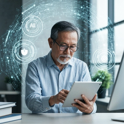 Person reviewing key takeaways on a digital tablet, surrounded by abstract representations of AI tools and financial growth. Modern, clean design, bright environment, no text, no words, no typography, 8K.
