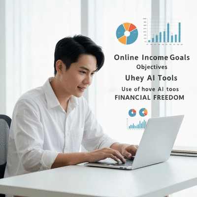Person using a laptop with charts and graphs on screen, representing online income goals and AI tools for financial freedom. Clean, modern aesthetic, natural lighting, no text, no words, no typography, 8K.