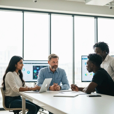 Diverse group of people collaborating in a modern office, representing community support and shared goals