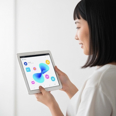 Person interacting with a futuristic AI interface on a tablet, showcasing ease of use