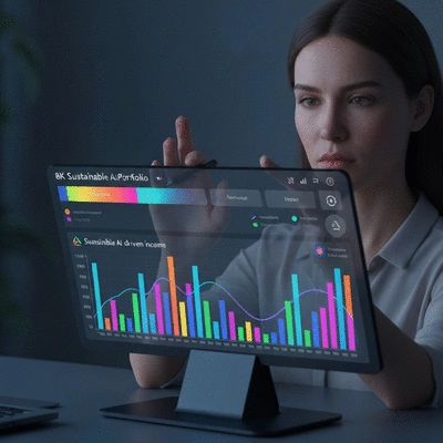 Person managing a diverse portfolio on a screen, representing sustainable AI-driven income, clean image, no text, no words, no typography